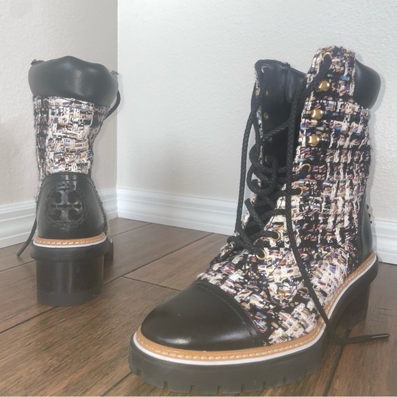Tory Burch boots tweed booties black boots fall chunky boot lace up combat boot - Picture 6 of 15